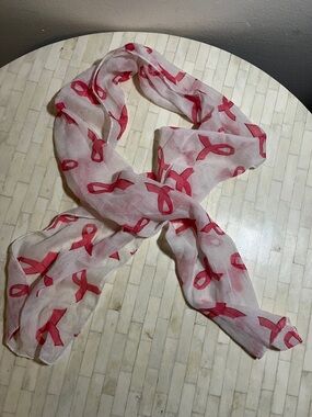 White & Pink Ribbon Neck Scarf, Sash, Tie Breast Cancer Awareness